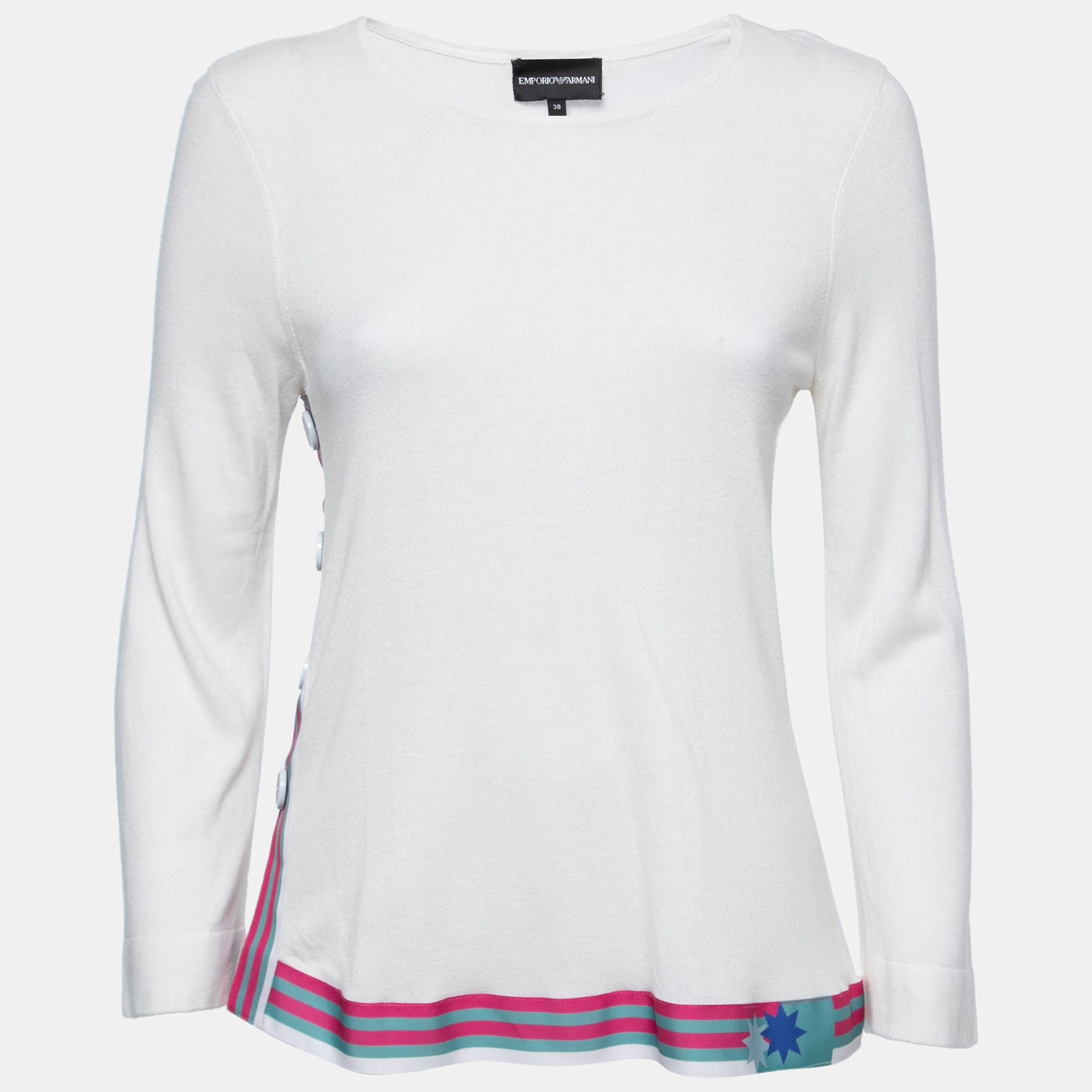 Pre-owned Emporio Armani White Knit Contrast Detail Top S