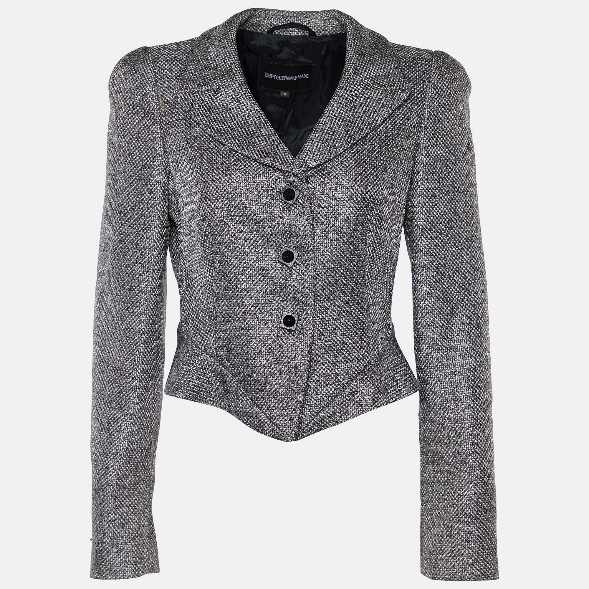 Pre-owned Emporio Armani Grey Wool Blend Button Front Cropped Blazer M