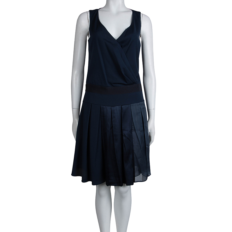 

Emporio Armani Navy Blue Box Pleated Overlap Sleeveless Dress