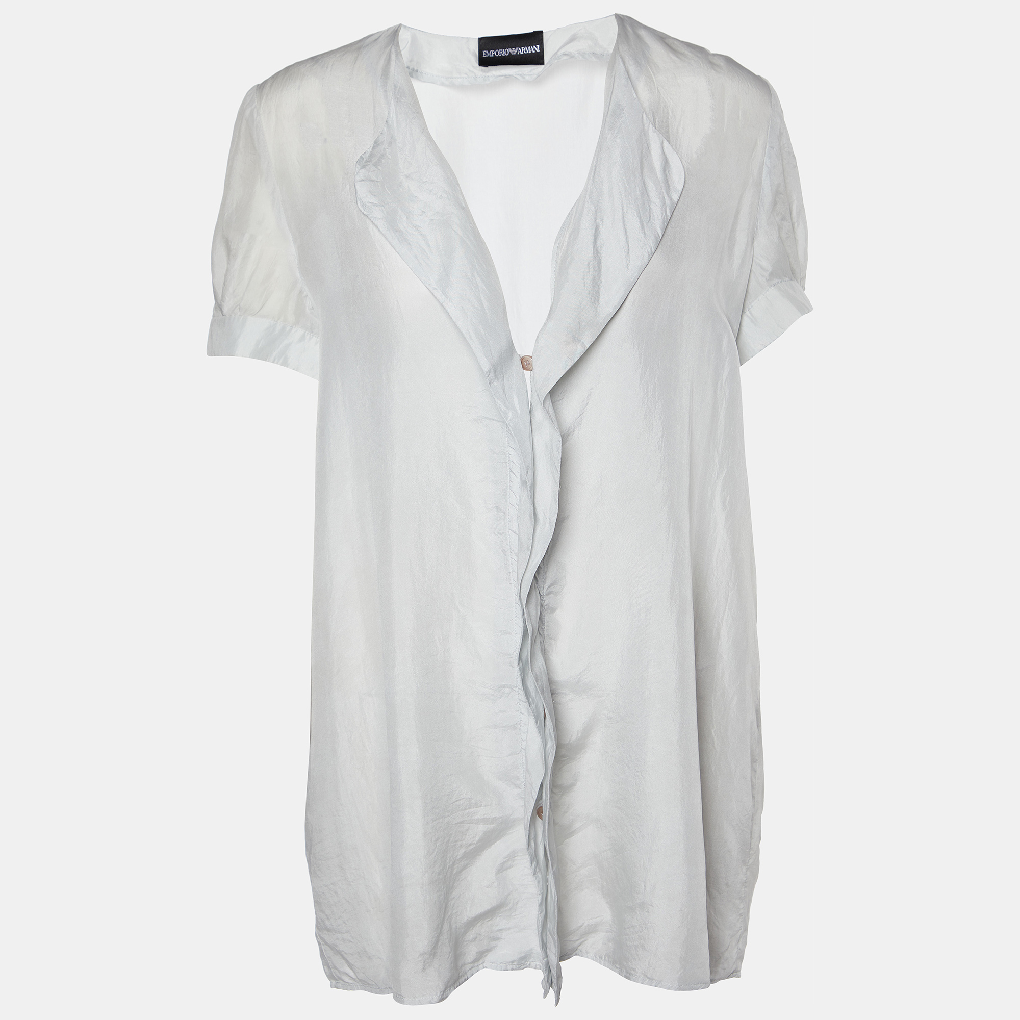Pre-owned Emporio Armani Silver Grey Silk Ruffled Button Shirt M