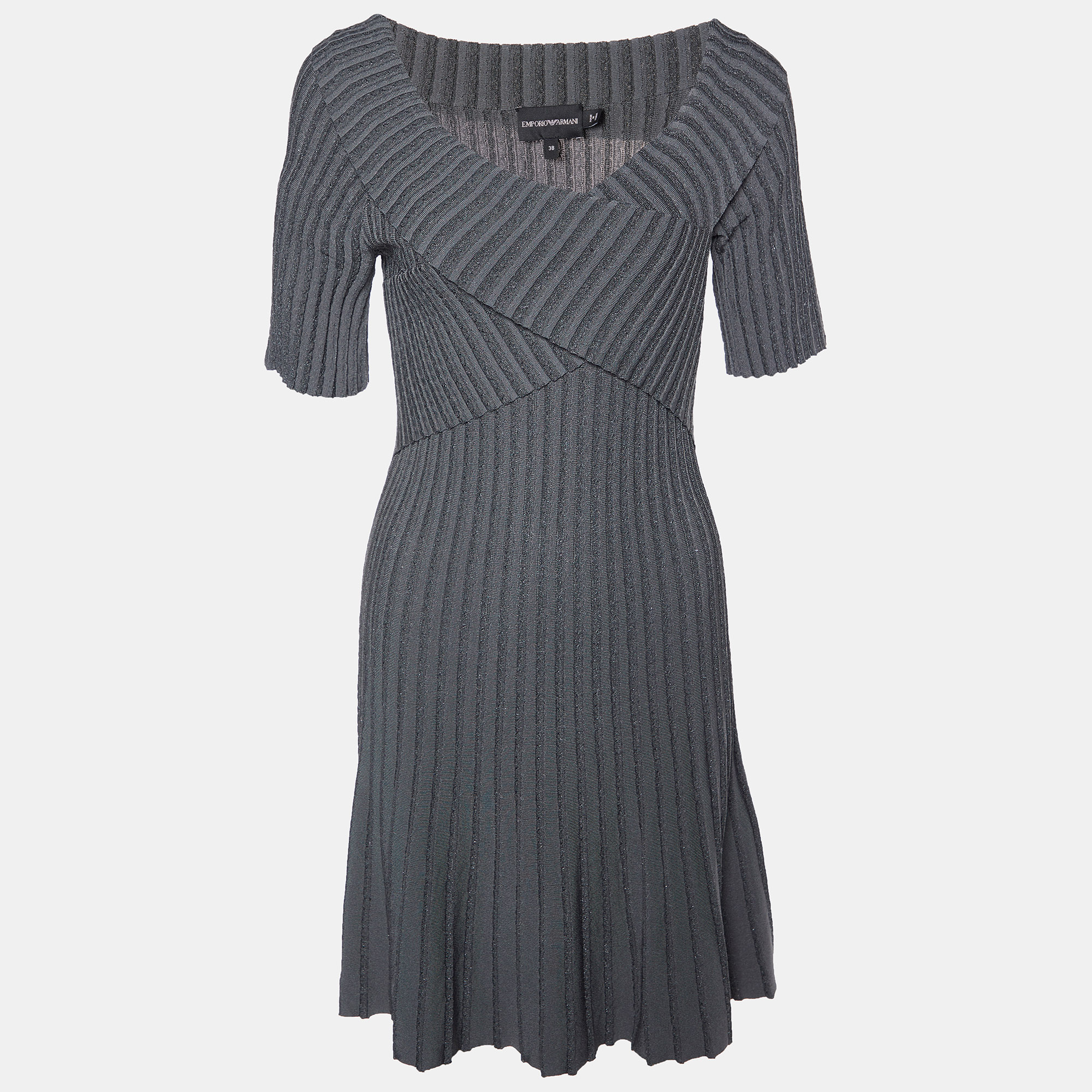 Pre-owned Emporio Armani Charcoal Grey Lurex Knit Crossover Detail Midi Dress S