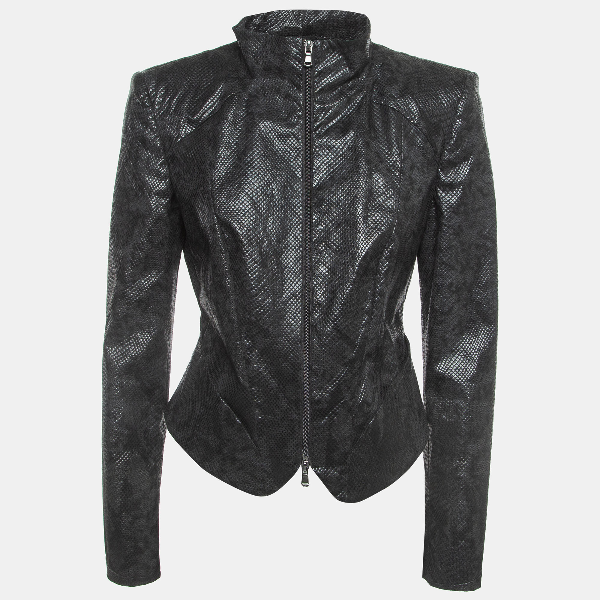 Pre-owned Emporio Armani Black Embossed Faux Leather Zip Front Jacket M