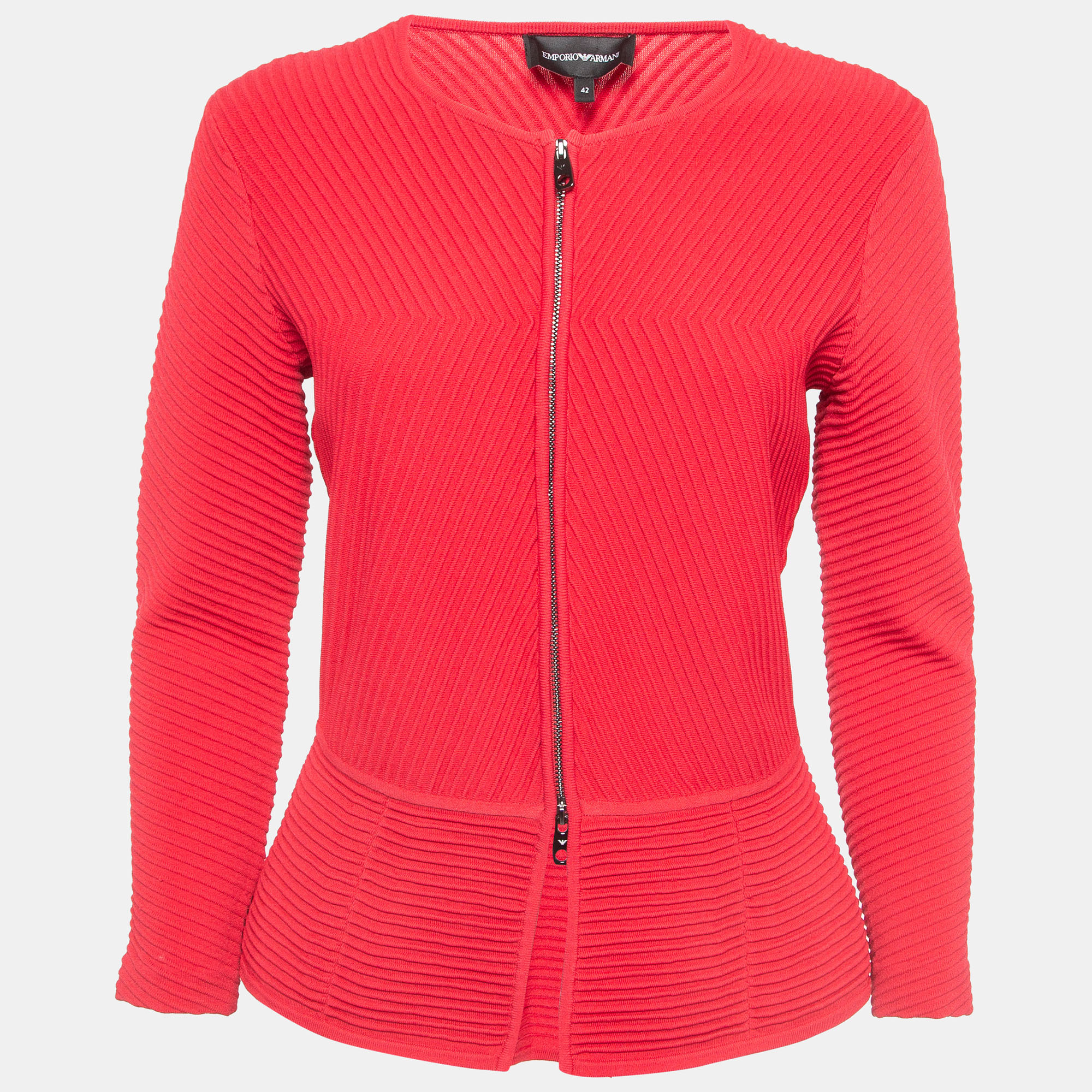 Pre-owned Emporio Armani Red Ottoman Knit Peplum Jacket M