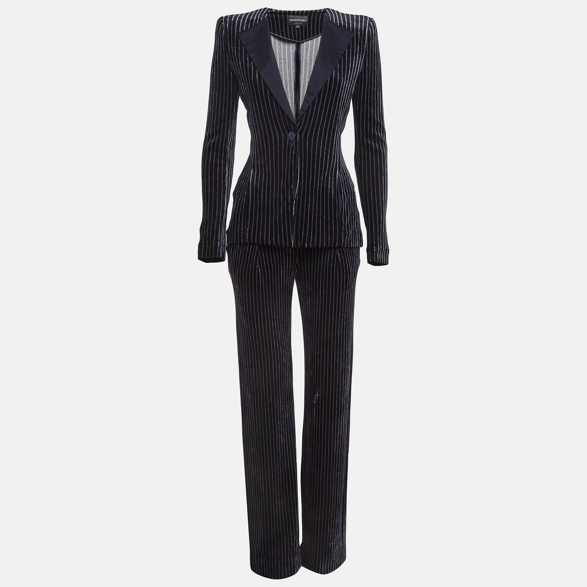 

Emporio Armani Navy Blue Stripe Velvet Knit Blazer and Pants Suit M