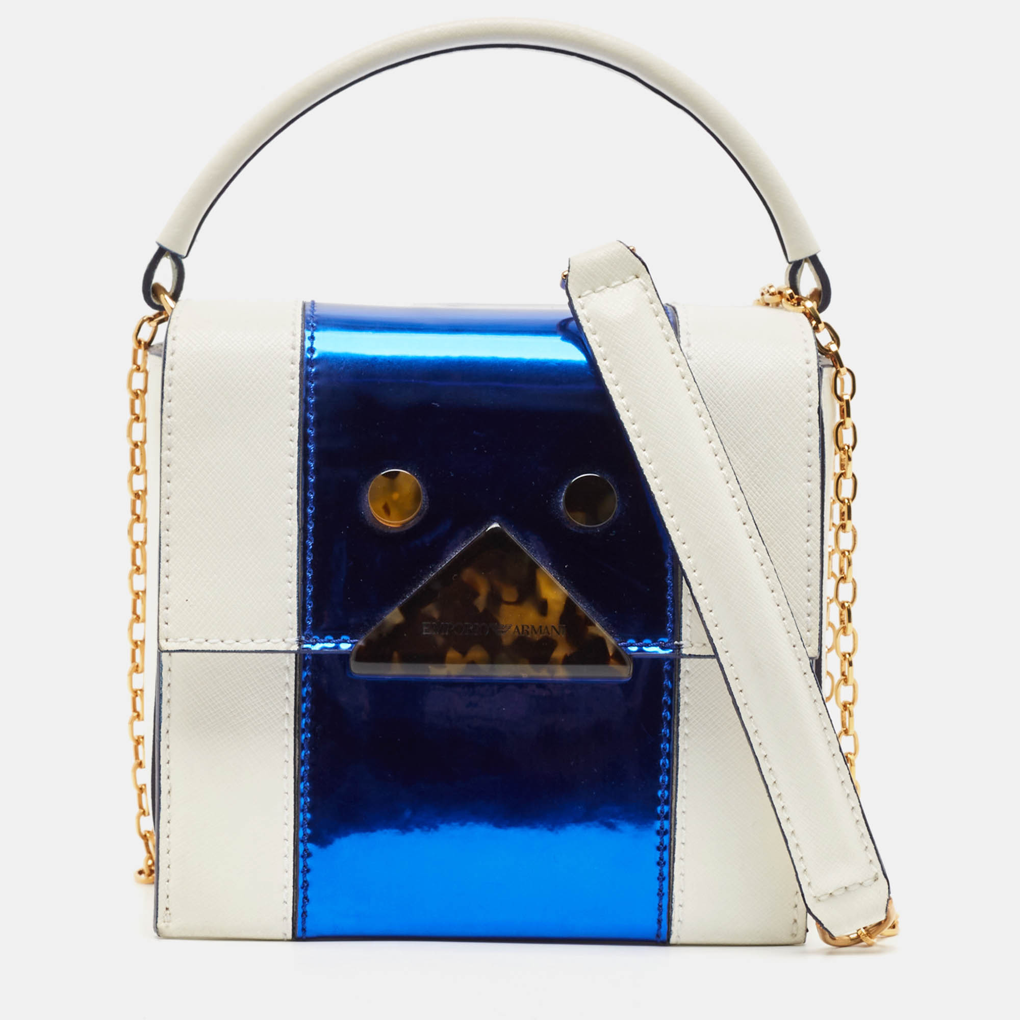 

Emporio Armani White/Metallic Blue Leather  Chain Top Handle Bag