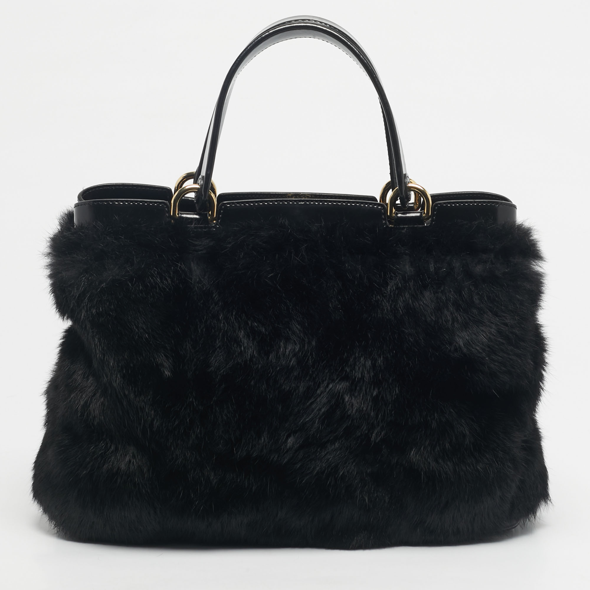Pre-owned Emporio Armani Black Rabbit Fur And Patent Leather Satchel