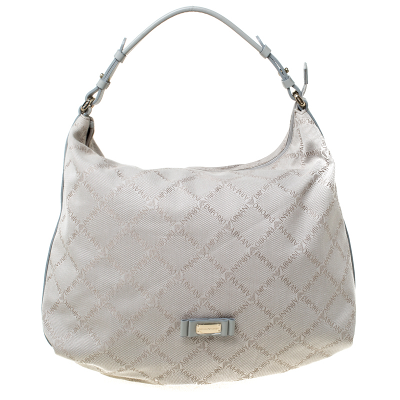 Emporio Armani Grey Monogram Canvas and Leather Hobo 