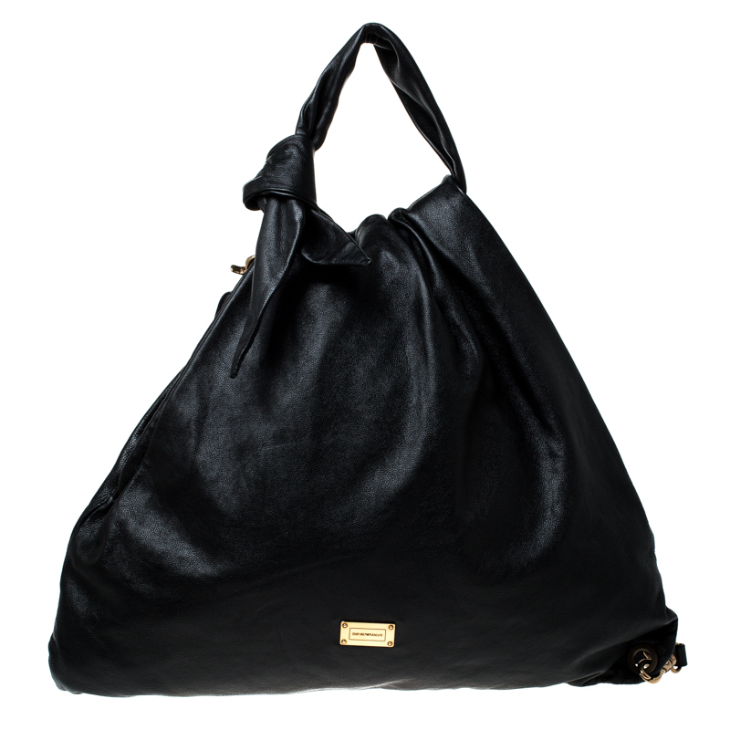 Pre Owned Emporio Armani Black Pleated Leather Sling Hobo
