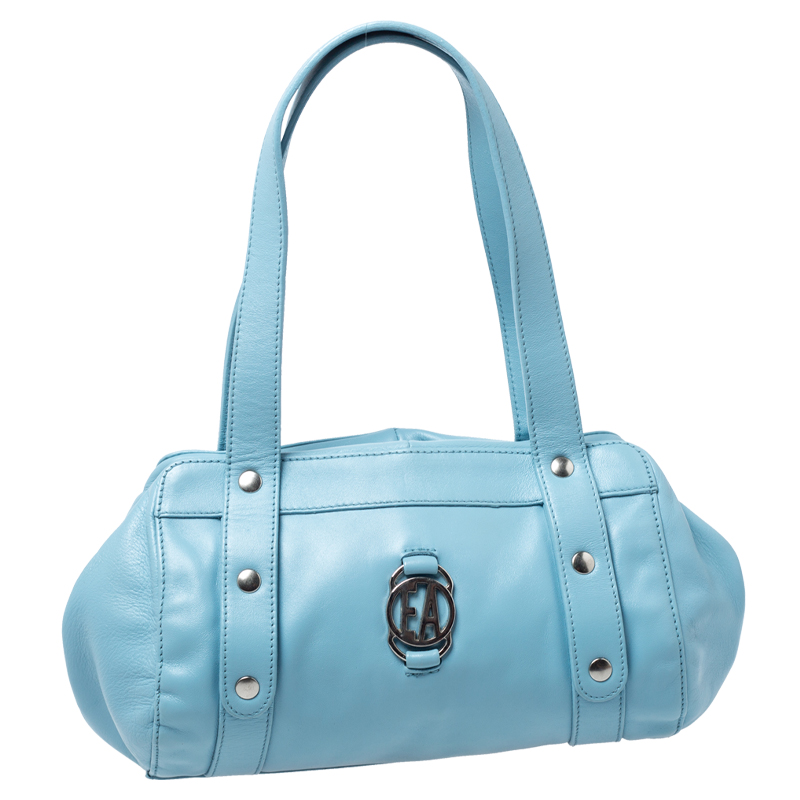 Emporio Armani Light Blue Leather Logo Bowler Bag