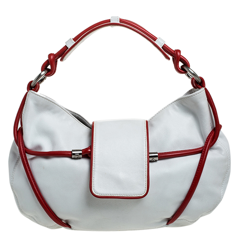 Pre Owned Emporio Armani White/Red Leather Bow Hobo 