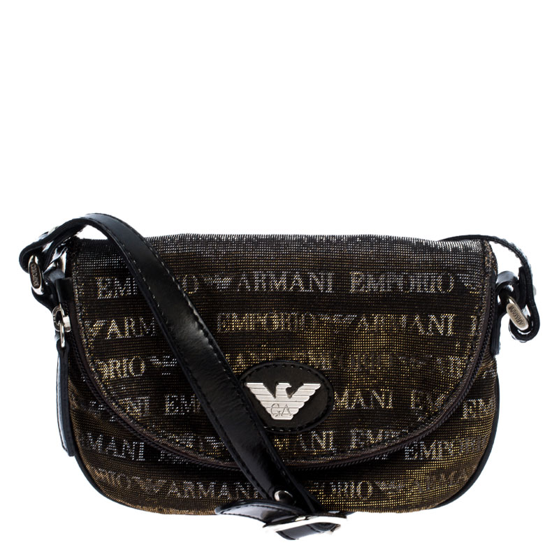 Emporio Armani Black/Gold Signature Print Lame Fabric Flap Crossbody Bag