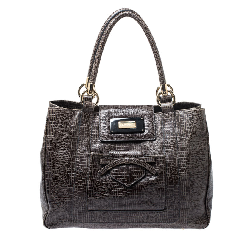 

Emporio Armani Olive Green Croc Embossed Leather Front Pocket Tote