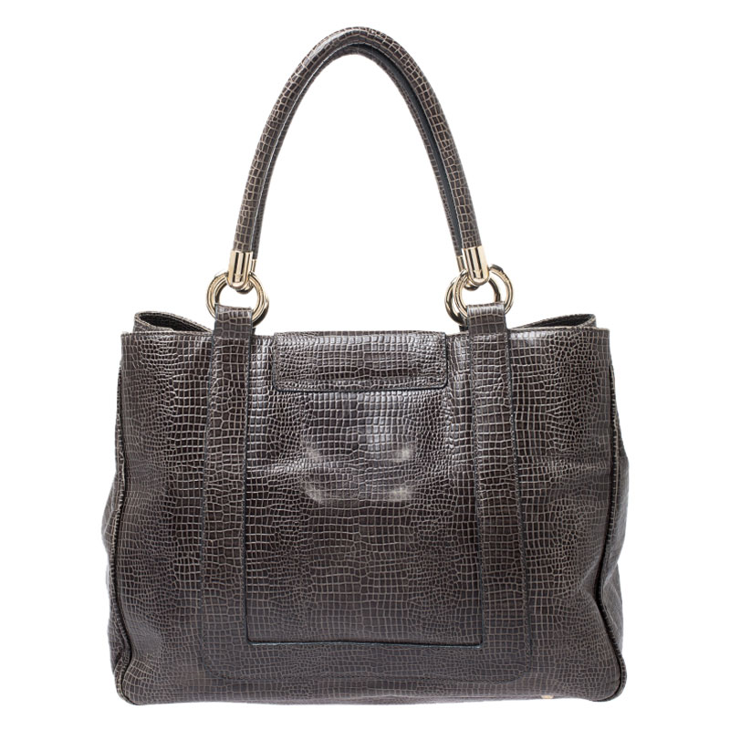 Pre-owned Emporio Armani Olive Green Croc Embossed Leather Front Pocket Tote