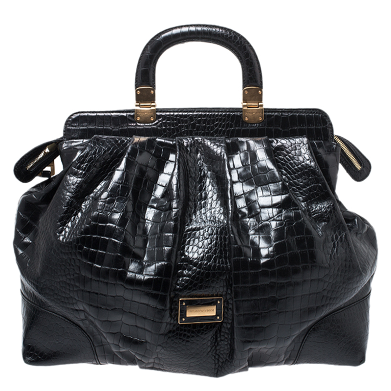 Pre Owned Emporio Armani  Black Croc Embossed Leather Satchel