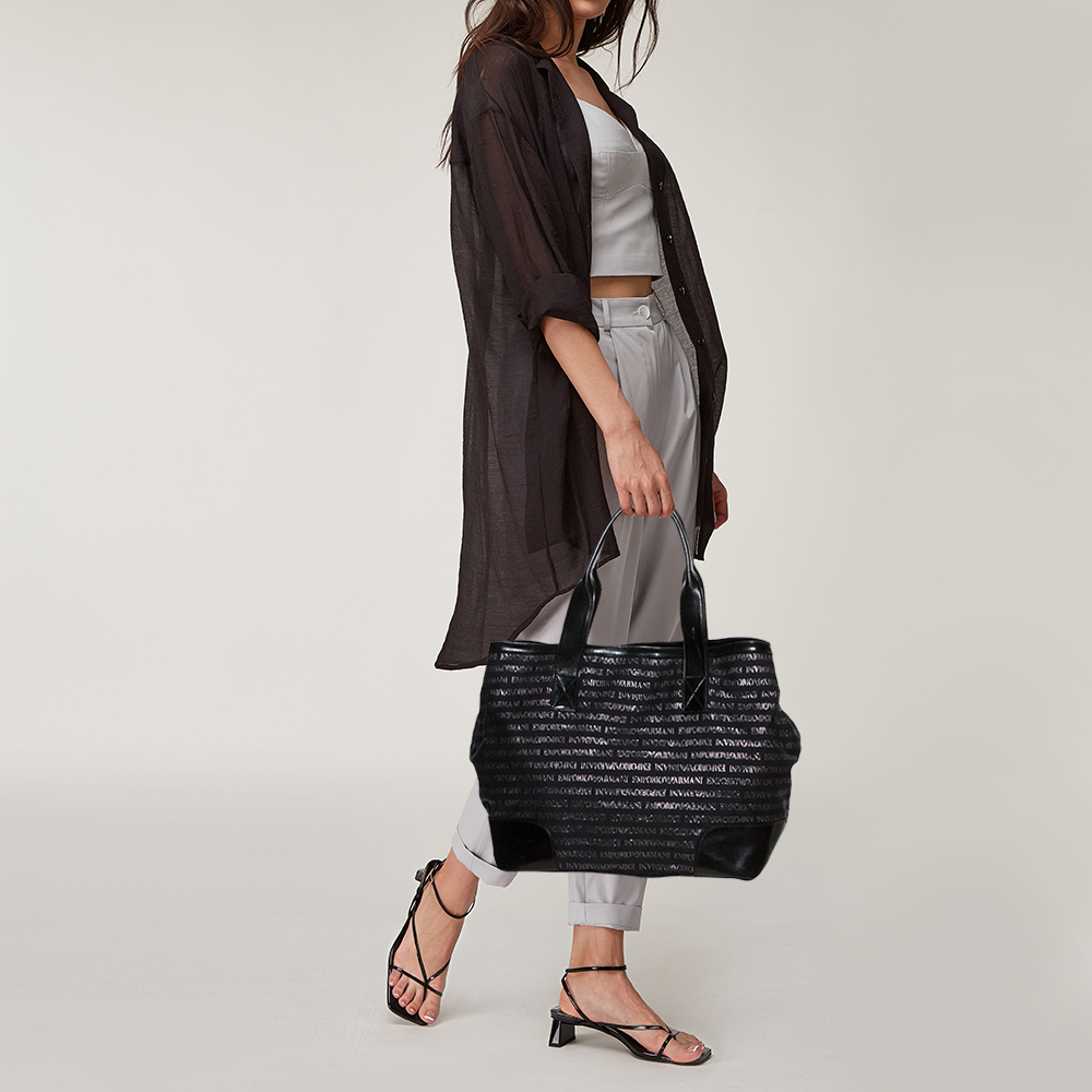

Emporio Armani Black Logo Print Canvas and Leather Tote