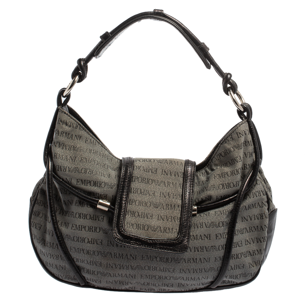 Pre-owned Emporio Armani Black/grey Monogram Canvas And Leather Hobo