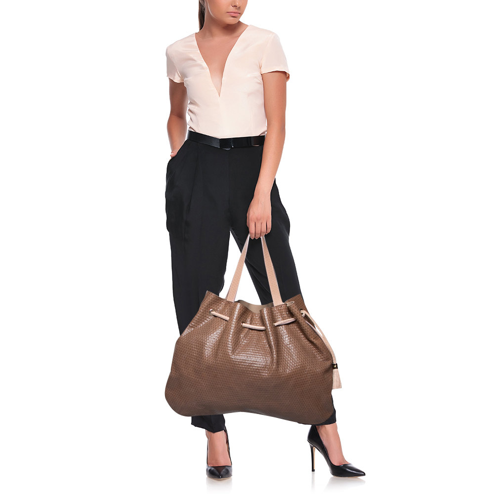 

Emporio Armani Brown/Peach Embossed Leather Drawstring Tassel Shoulder Bag
