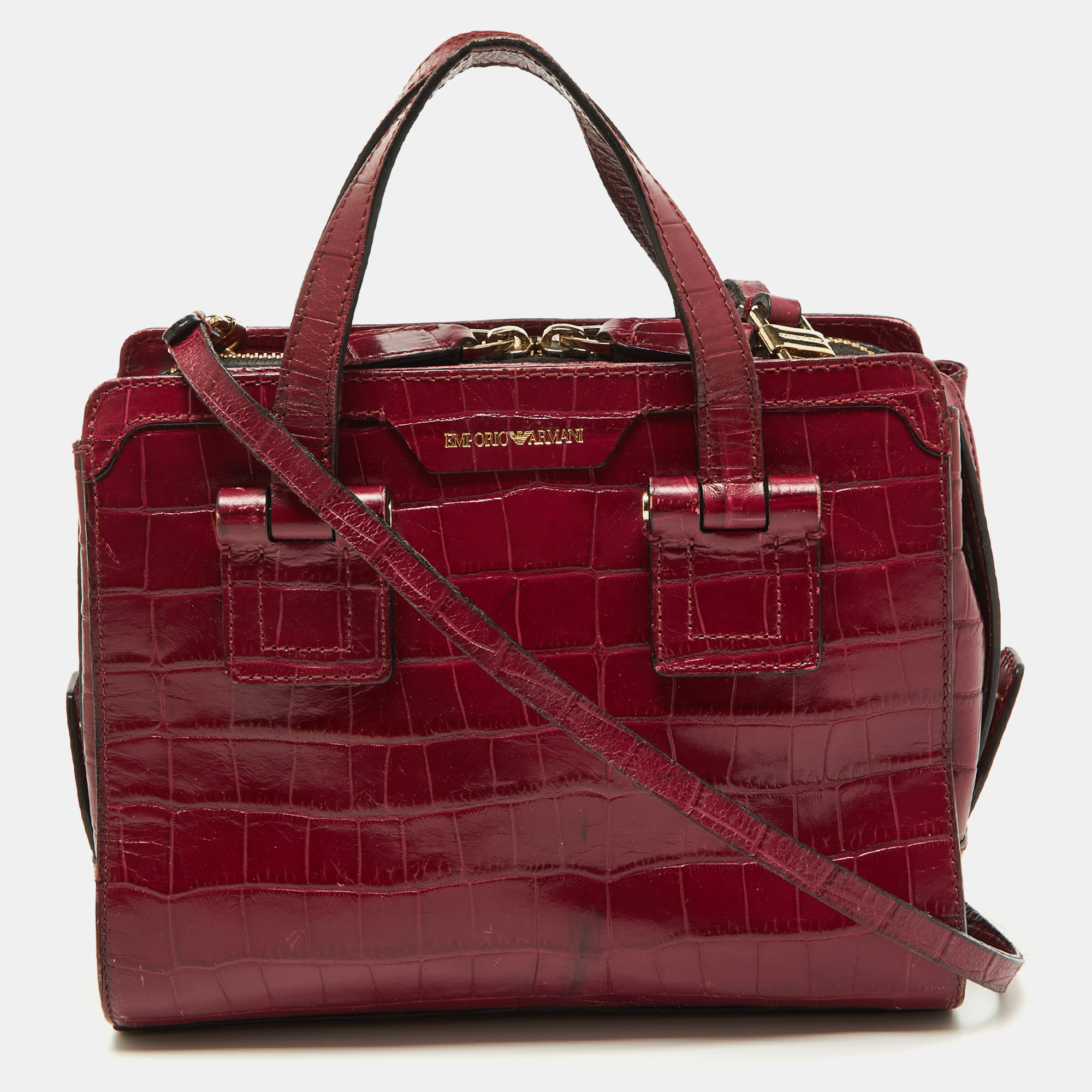 Pre-owned Emporio Armani Red Croc Embossed Leather Zip Satchel