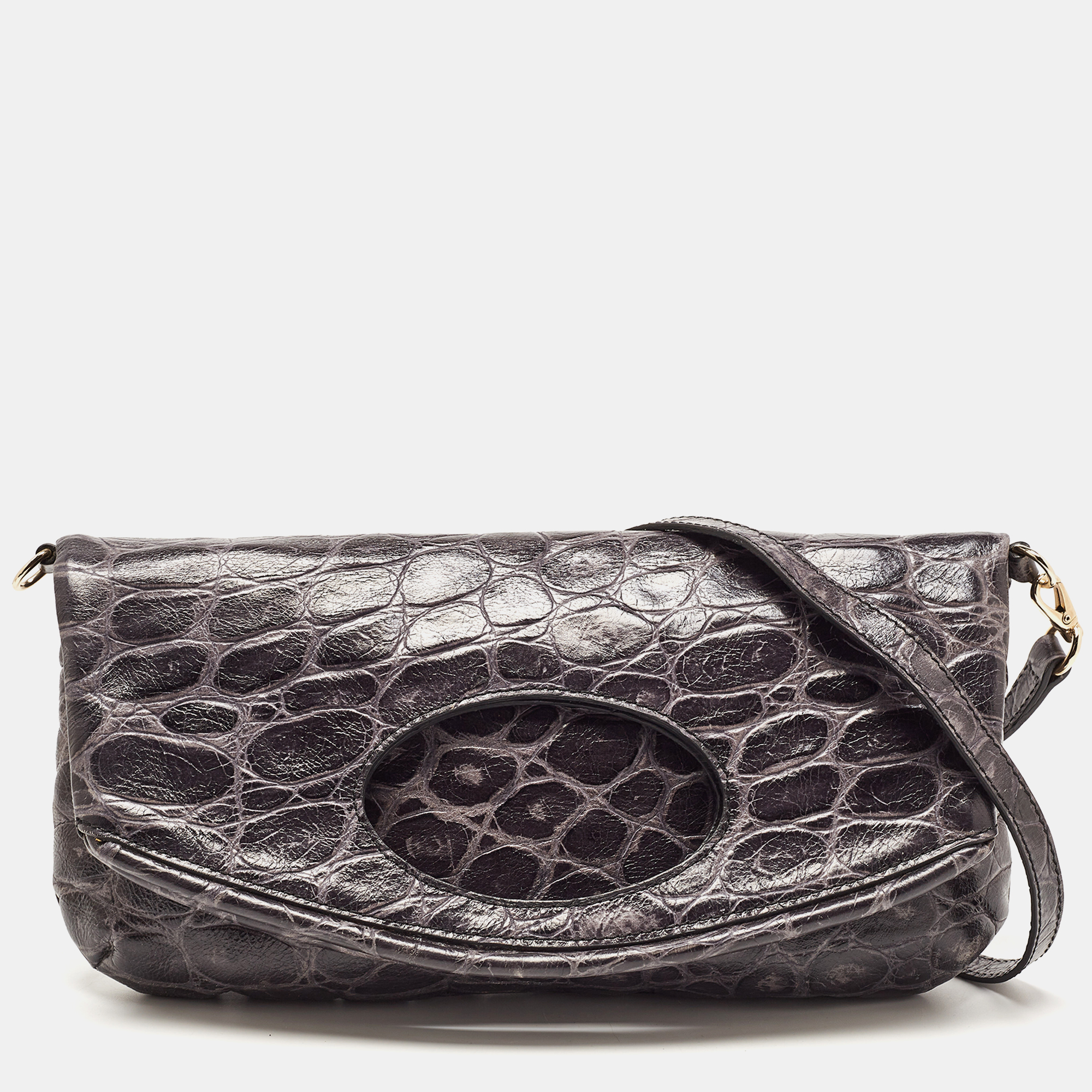 

Emporio Armani Grey Croc Embossed Leather Foldover Shoulder Bag