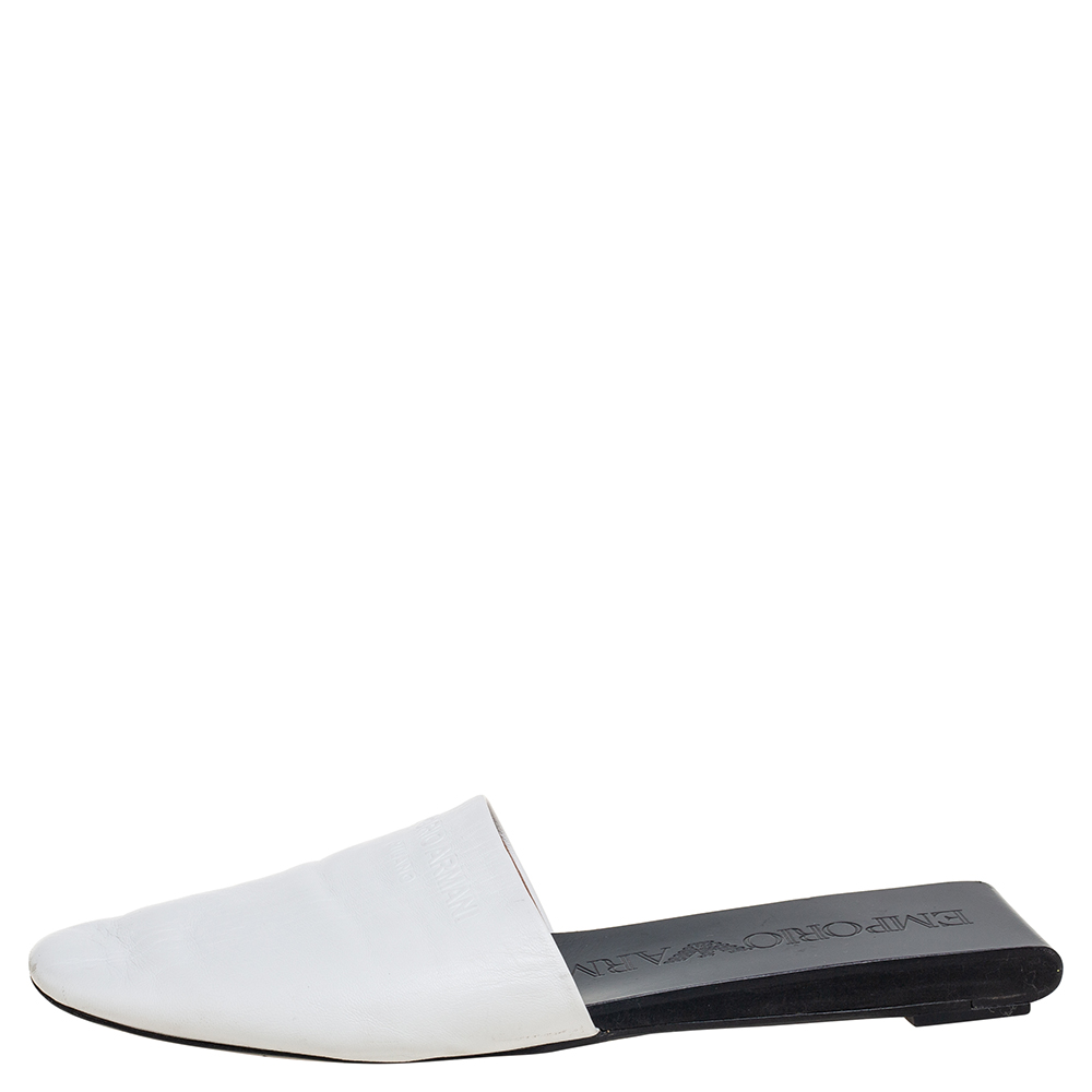 

Emporio Armani White Leather Embossed Logo Flat Mule Sandals Size