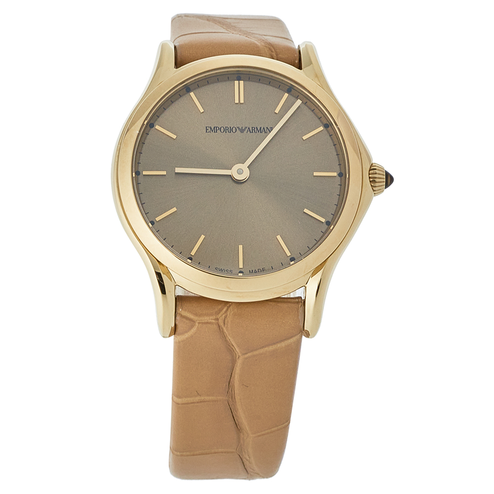 Pre Owned Emporio Armani Brown Gold Plated Stainless Steel & Leather Classic Women's Wristwatch 28 mm