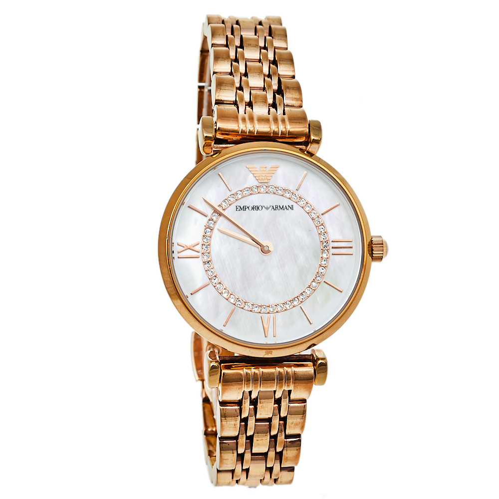 Pre-owned Emporio Armani Mother Of Pearl Gold Plated Stainless Steel Classic Ar1909 Women's Wristwatch 32 Mm In White
