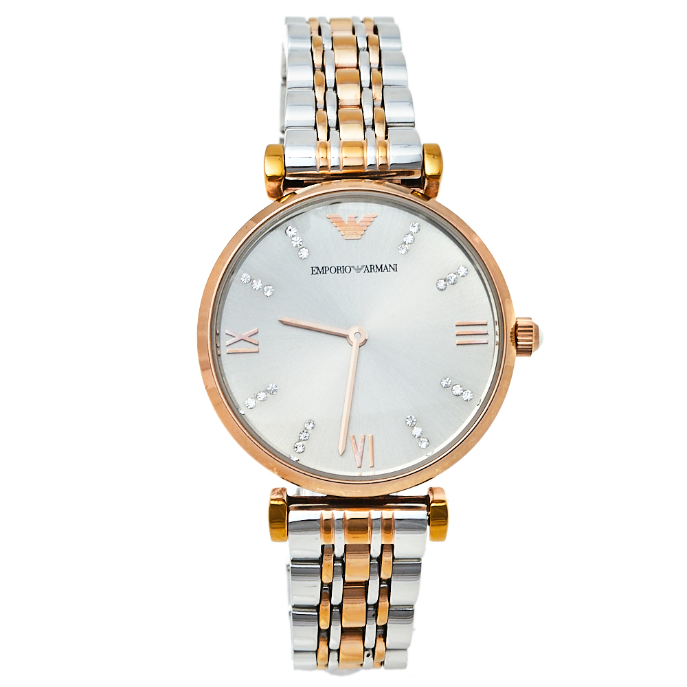 Pre-owned Emporio Armani Grey Two-tone Stainless Steel Classic Ar1840 Women's Wristwatch 32 Mm