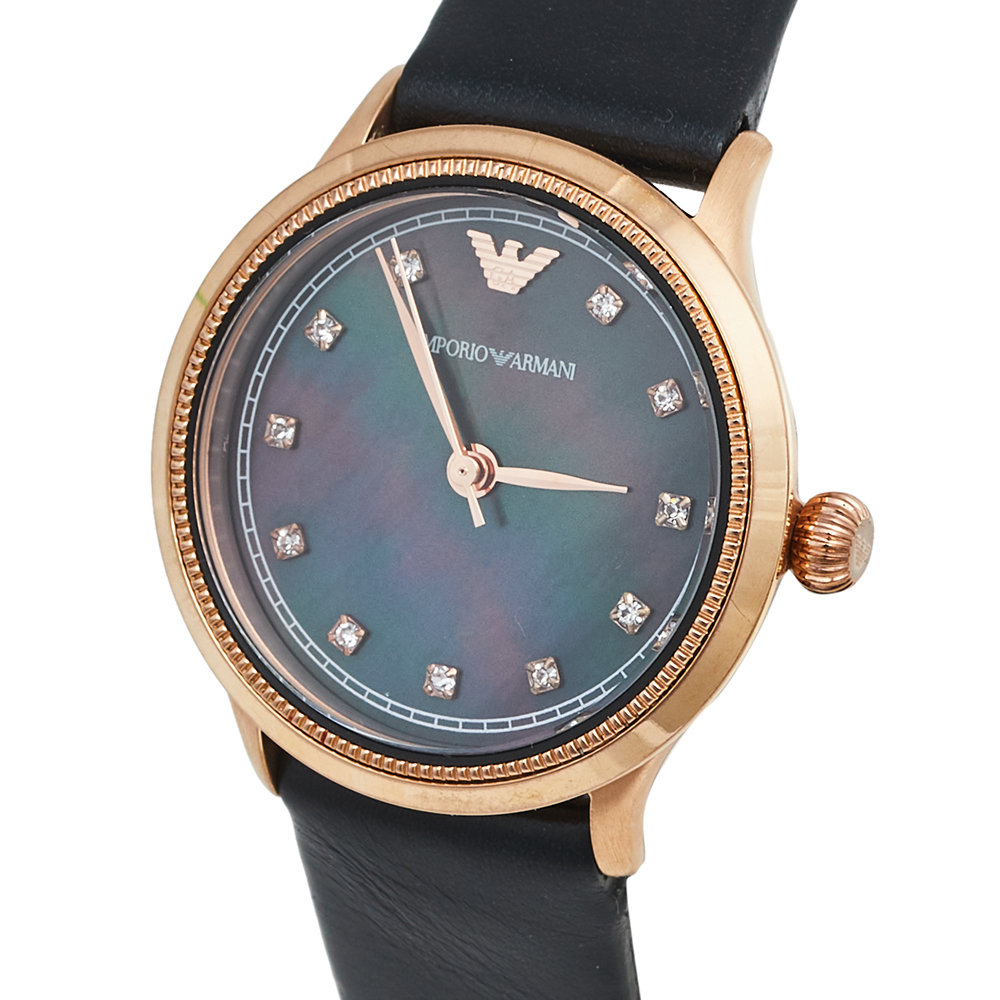 

Emporio Armani Black Mother Of Pearl Rose Gold Tone Stainless Steel Leather Classic AR1802 Women's Wristwatch