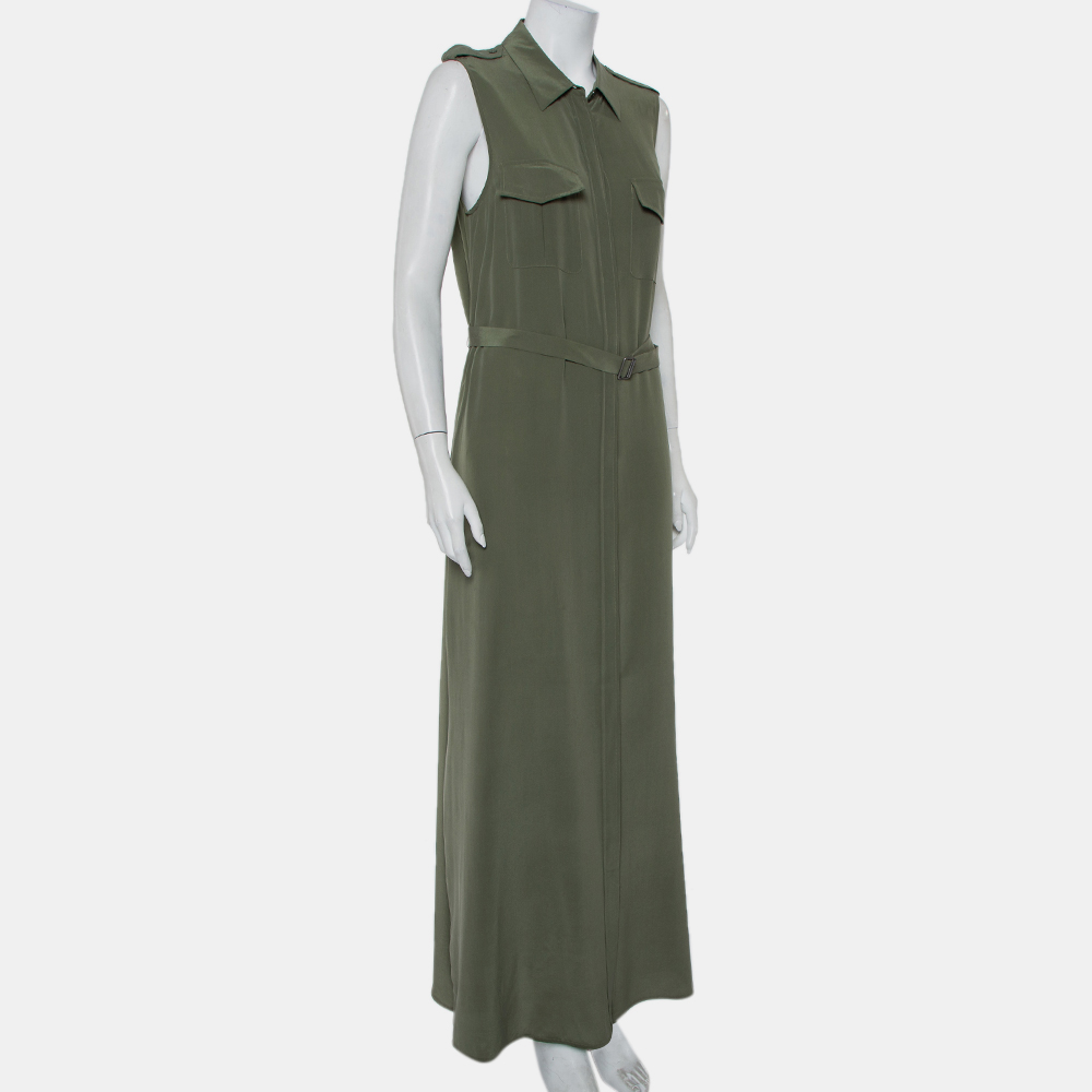 

Equipment Military Green Silk Belted Sleeveless Maxi Shirt Dress