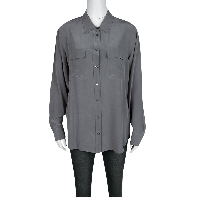 

Equipment Gunmetal Grey Silk Long Sleeve Button Front Signature Blouse