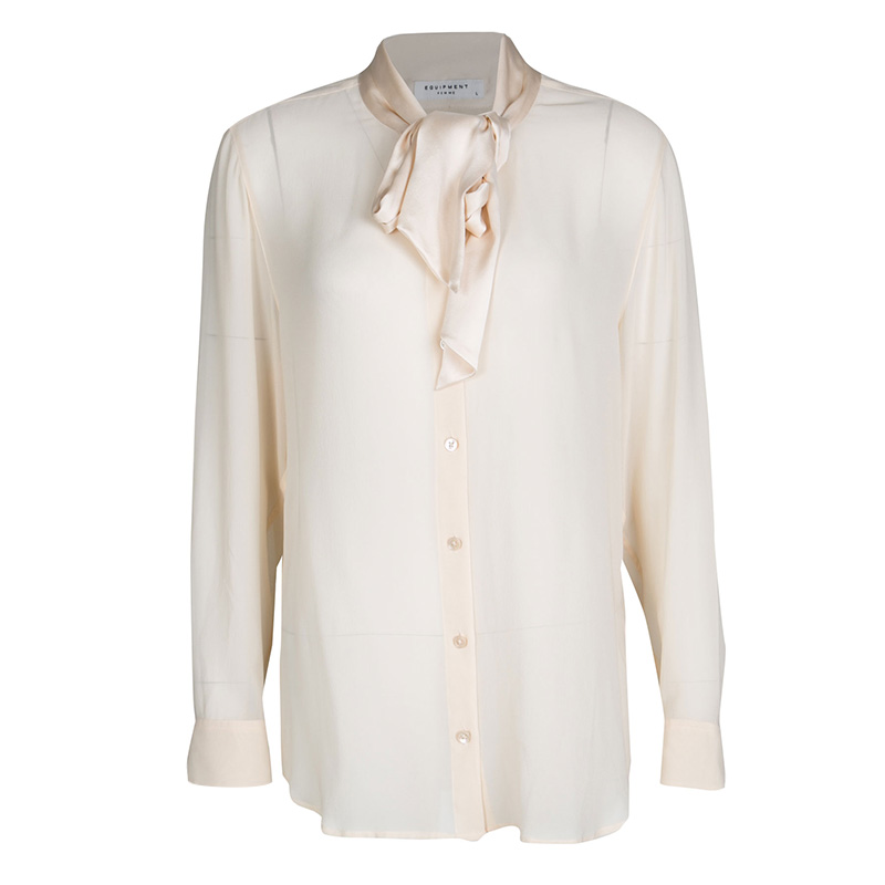 Equipment Beige Silk Neck Tie Detail Long Sleeve Blouse L