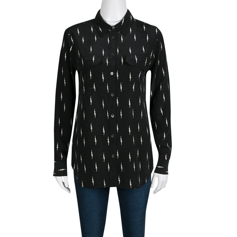 

Kate Moss For Equipment Black Lightning Bolt Print Silk Slim Signature Shirt