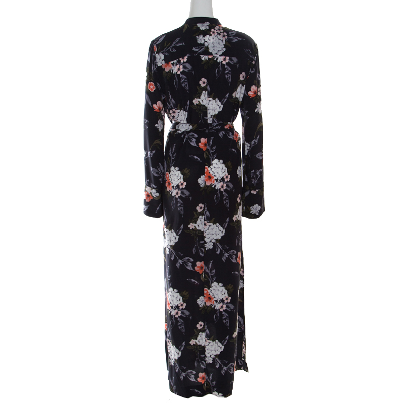 Equipment Britten Navy Blue Floral Printed Silk Belted Maxi Dress L