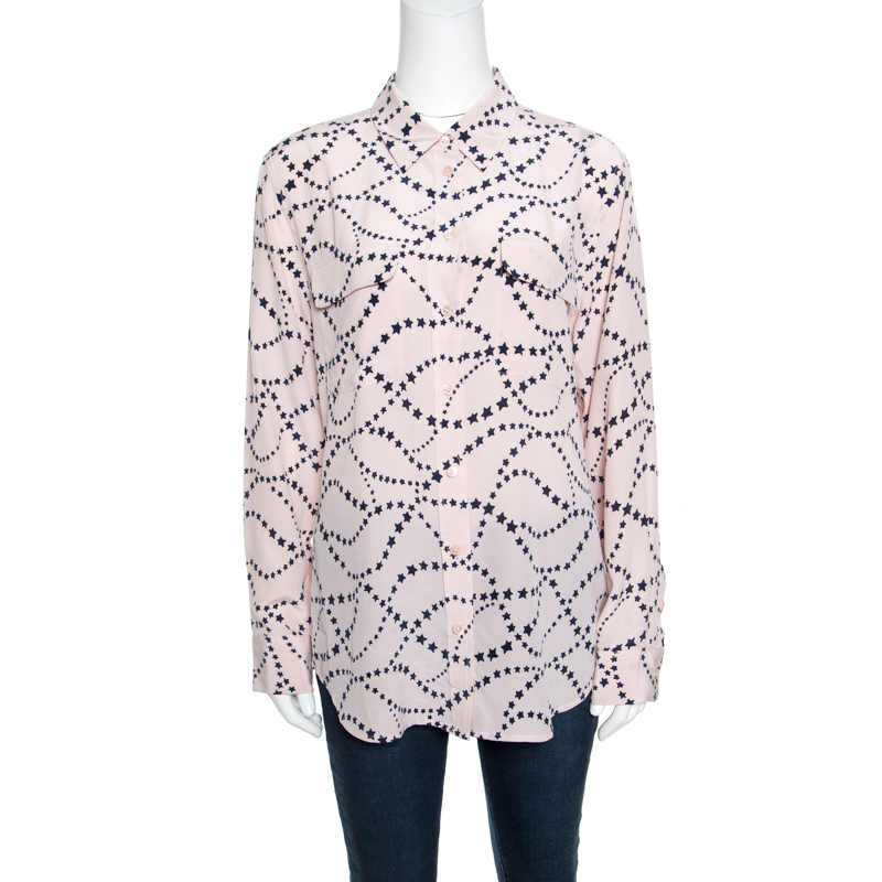 Pre Owned Equipment Blush Pink Star Printed Silk Long Sleeve Blouse S