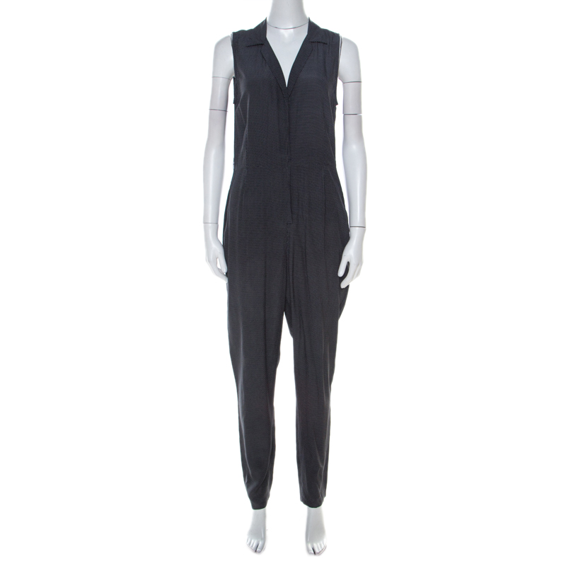 Equipment Navy Blue Polka Dotted Silk Collared Sleeveless Jumpsuit S 