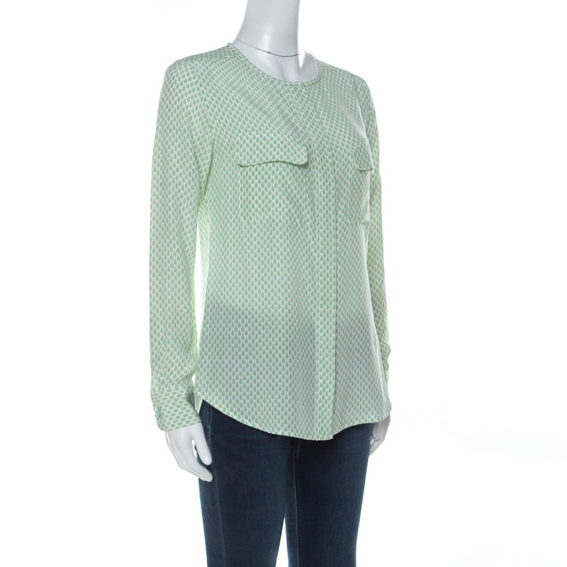 

Equipment Light Green and Ivory Raindrop Print Silk Button Front Shirt
