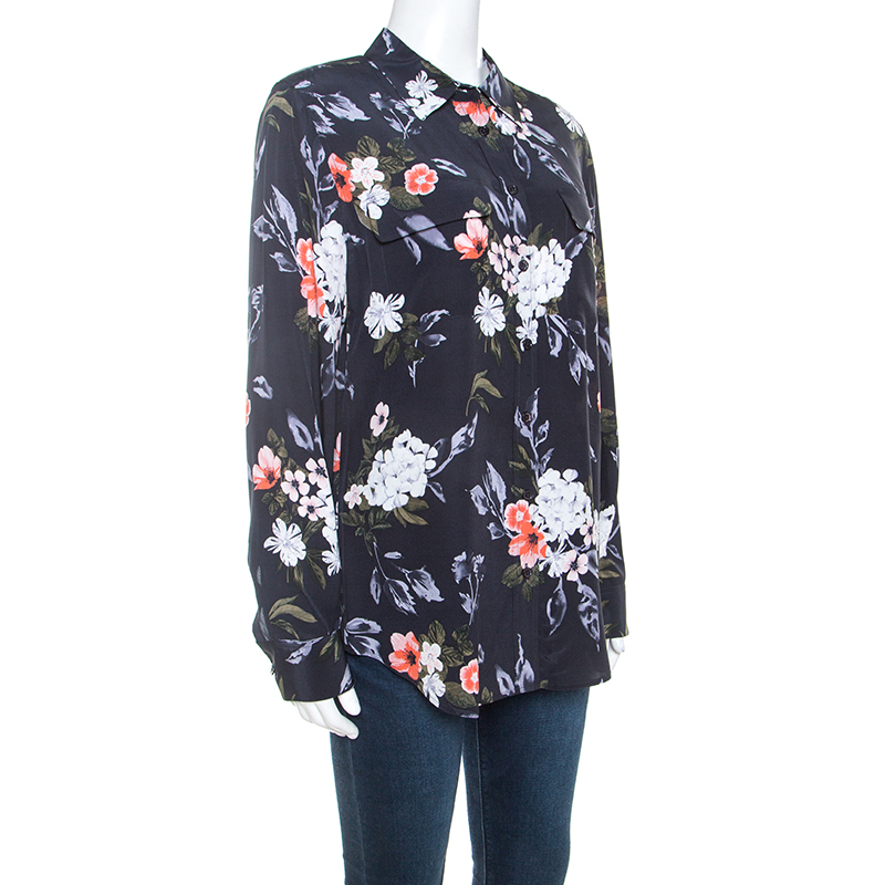 

Equipment Eclipse Grey Floral Printed Silk Shirt