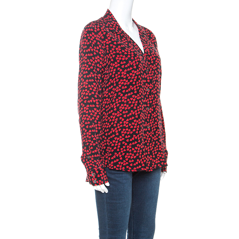 

Equipment Black and Red Heart Printed Silk Shirt