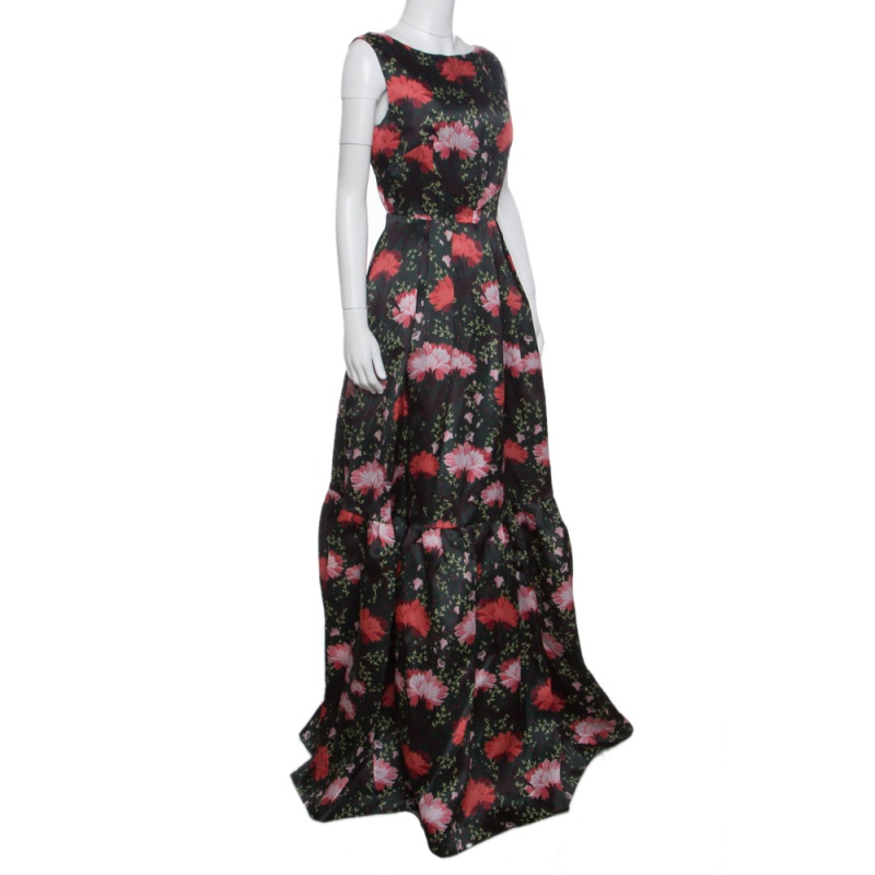 

Erdem Green Floral Printed Silk Gazar Ruffled Bottom Alouette Gown