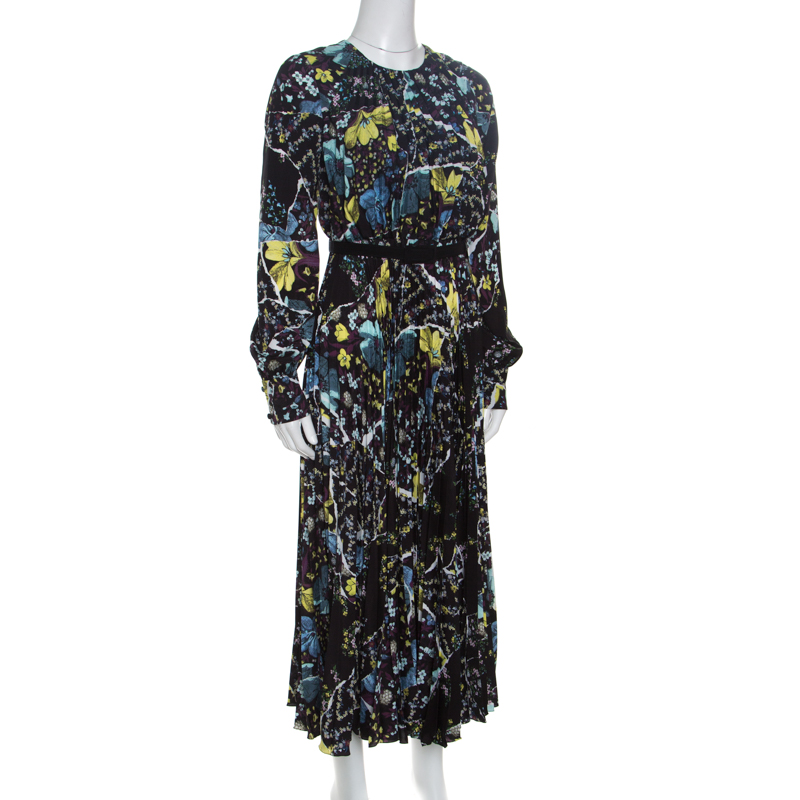 

Erdem Black Floral Print Pleated Belted Long Sleeve Rhona Dress