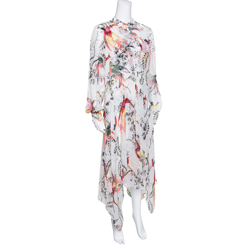 

Erdem Parrot Printed Silk Chiffon Printed Handkerchief Hem Kaylah Dress, White