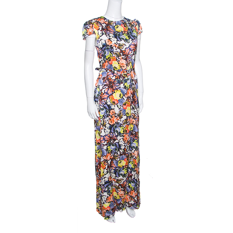 

Erdem Floral Printed Silk Belted Cap Sleeve Aurelia Maxi Dress, Multicolor