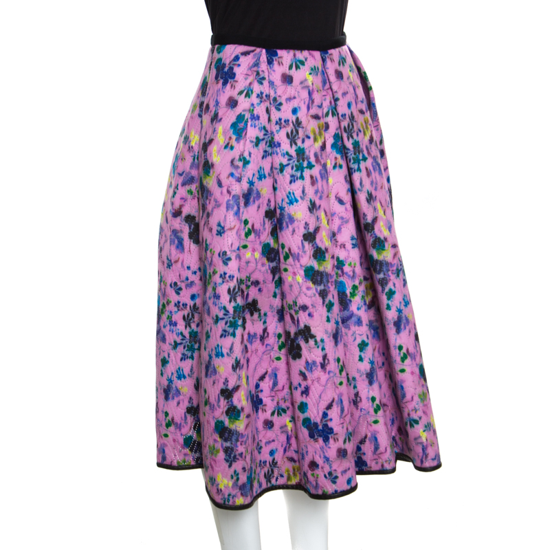 

Erdem Pink Perforated Floral Print Ina Moreau Pleated Midi Skirt