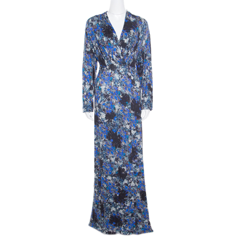 Erdem Blue and Grey Pelham Crescent Printed Jersey Draped Front Maxi Dress XL
