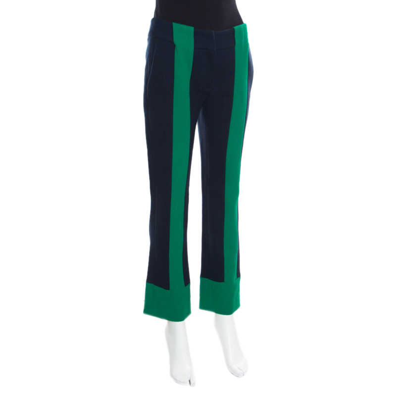 

Erdem Navy Blue and Green Colorblock Wool Straight Fit Trousers