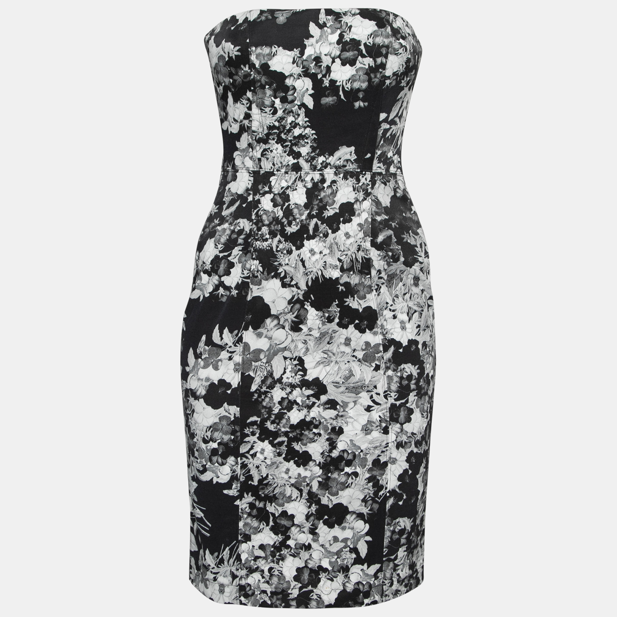 

Erdem Black and White Floral Print Stretch Cotton Corset Bodice Dress S
