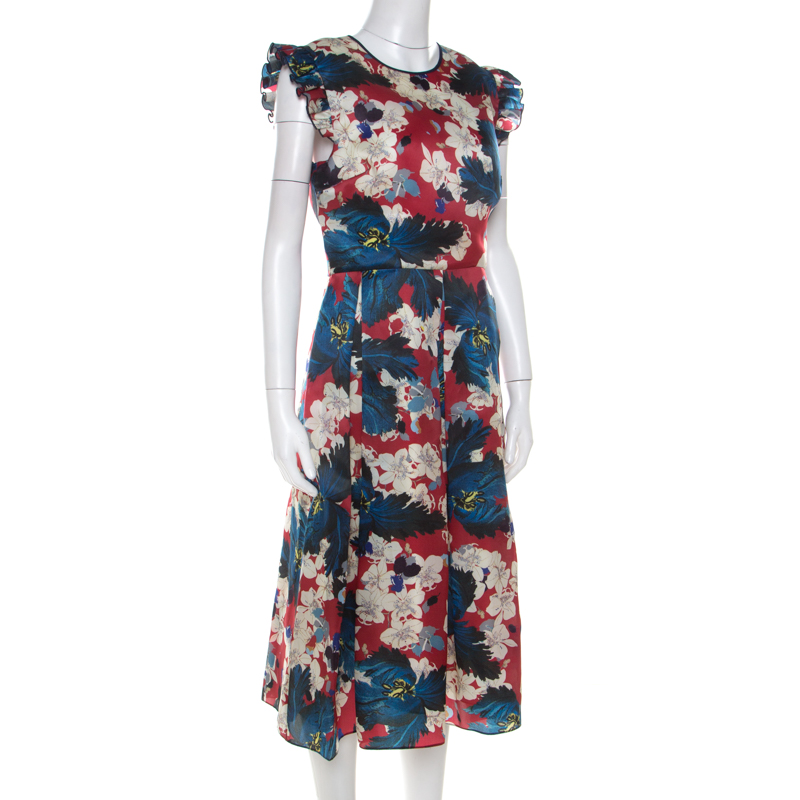 

Erdem Multicolor Floral Printed Silk Gazar Ruffled Sleeve Hadley Dress