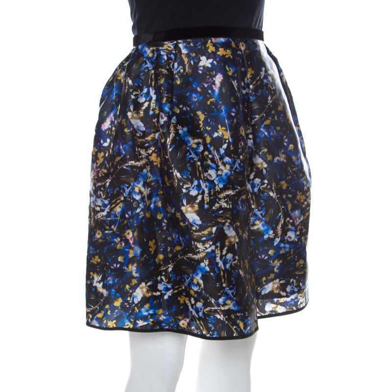 

Erdem Blue Floral Print Silk Gazar Levinia Gathered Skirt