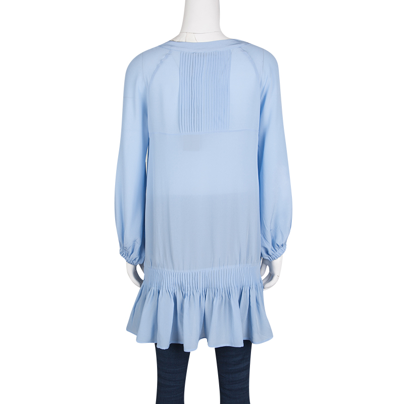 Pre-owned Ermanno Scervino Powder Blue Silk Pintuck Detail Long Sleeve Tunic M
