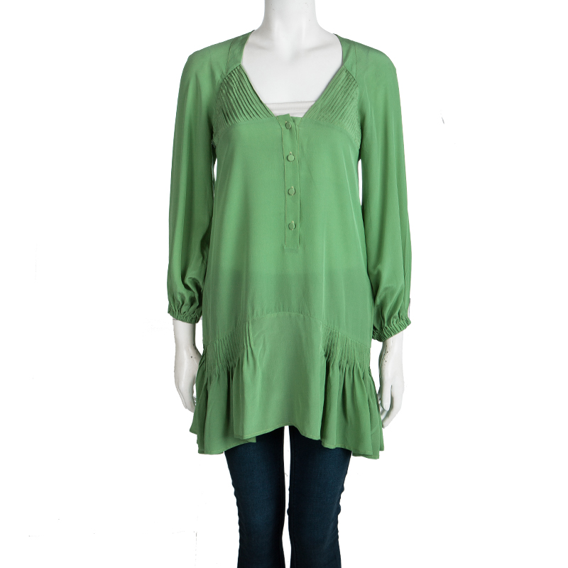 

Ermanno Scervino Green Silk Pintucked Detail Long Sleeve Tunic